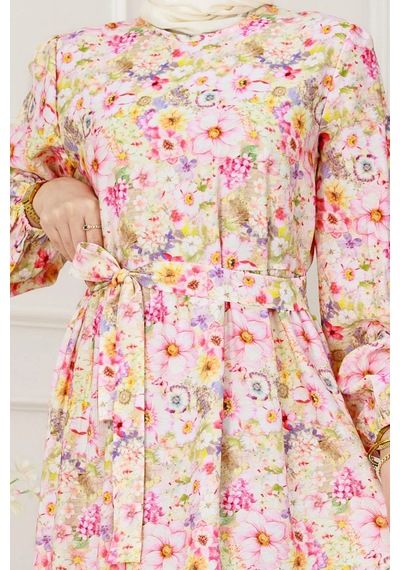 Sevitli Çiçekli Kumsal Elbise-pembe-5245 Pembe