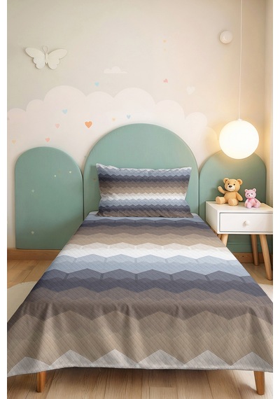 Geometrik Mavi Gri Genç Odası Tek Kişilik Pike Takımı - Modern Bej 160x220 Cm Kapitone Yatak Örtüsü Krem