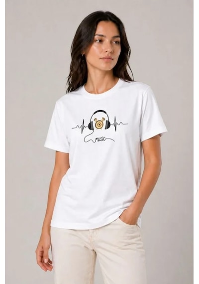 Efnaz Style Müzik Temalı Baskılı Tişört Bisiklet Yaka Kısa Kol T-shirt - Beyaz