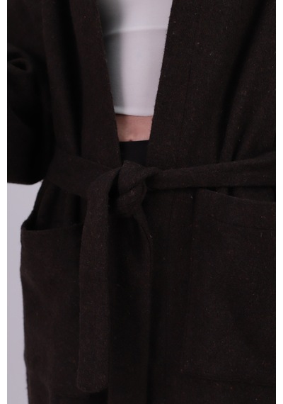 Armonika Kadın Kahve Beli Kuşaklı Cepli Kapüşonlu Oversize Kaşe Kaban Arm-26k001025