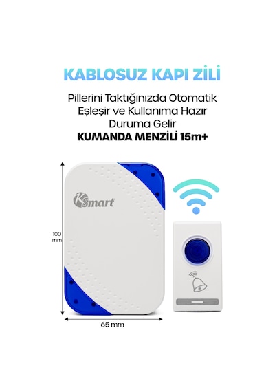 Kablosuz Uzaktan Kumanda Kapı Zili Işıklı Uzun Menzilli Pilli 32 Farklı Melodili Mavi-beyaz 9402