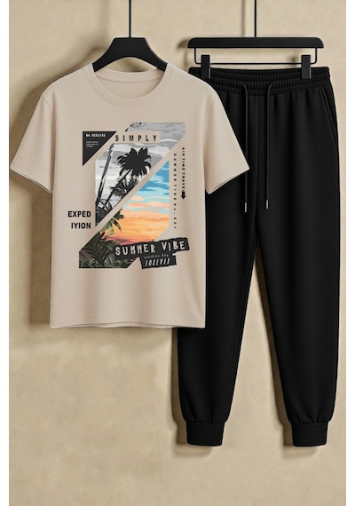Uyguntarz Unisex Summer Vıbe Baskılı Tasarım Tshirt - 2'li Eşofman Takımı Bej