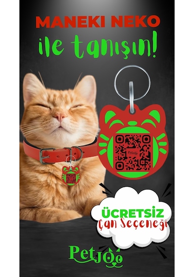Petjoo 4.Maneki Neko Yeşil-Kırmızı Qr'lı Kedi Künyesi