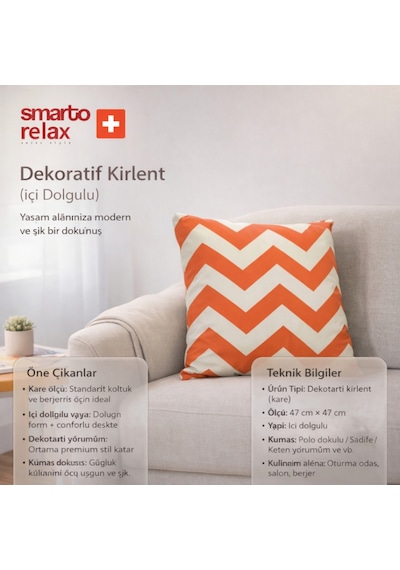 Smarto Relax Içi Dolgulu Kırlent 45x45 Cm Kare Salon & Berjer Kırlenti Beyaz - Turuncu