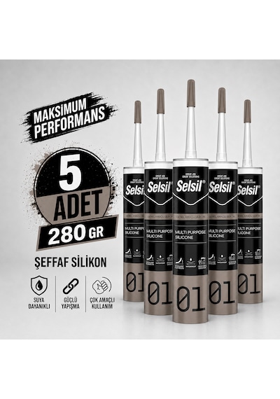 Selsil Şeffaf Genel Amaçlı Silikon 280 Gr Cam Pvc Seramik Banyo Mutfak Sızdırmazlık 5 Adet