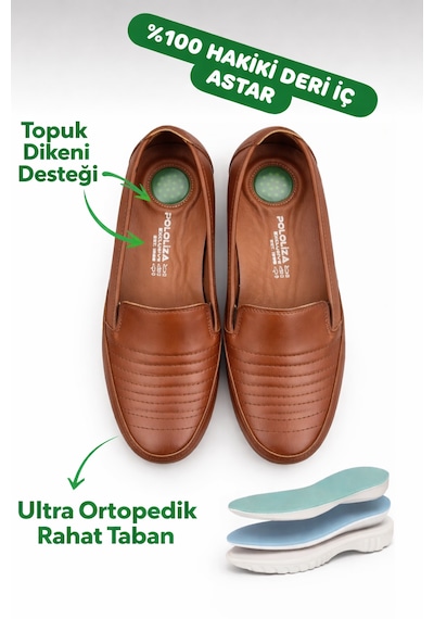 Pololiza Günlük Kullanım / İçi Hakiki Deri / Poliüretan Pu Comfort Kaymaz Taban / Anne Ayakkabısı Taba