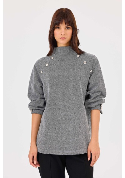 Seçil Kadın Dik Yaka Düğme Detaylı Sweatshirt 1011 Gri Gri