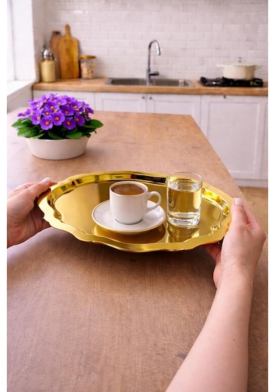 Tr Ovaldi Gold Metal Servis Tepsisi 25,5x19,5 Cm Modern Ve Dekoratif Sunum Tepsisi Altın 23 X 23 Genel