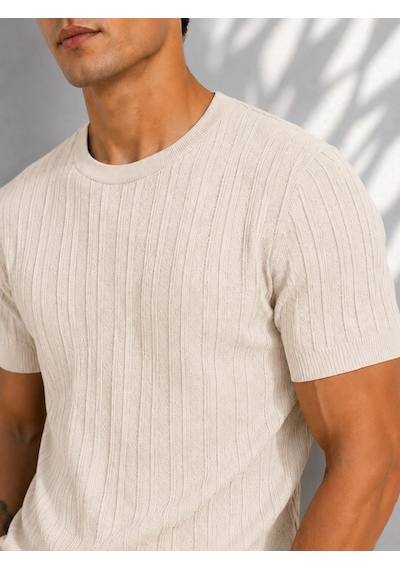 Ribana Erkek Bisiklet Yaka Kısa Kollu Esnek Örme Triko T-shirt 26091 Ekru