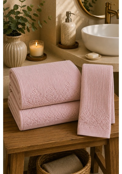 Çiçek Desenli 2 Li Banyo Havlu Seti 50 90 Baş Havlusu + 90 150 Banyo Havlusu - Pembe
