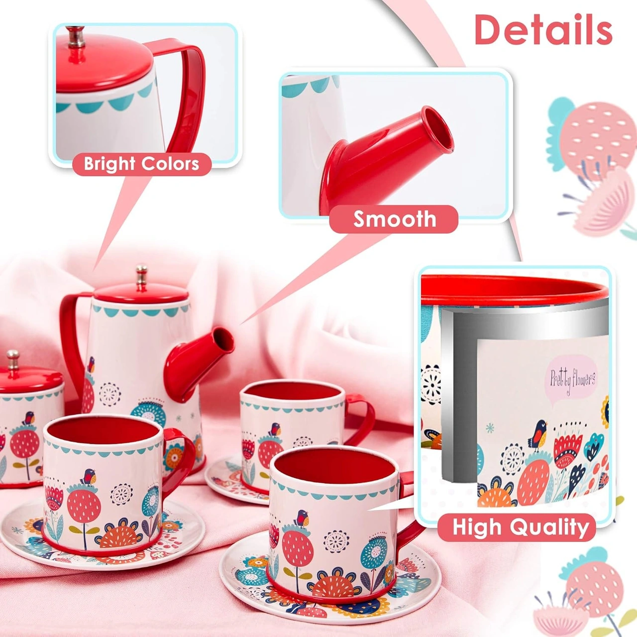 Çiçek Desenli Metal Çay Seti 12 Parça Çocuklar İçin Renkli Oyun Çay Servis Takımı - Kırmızı Çay Seti Oyuncak Çiçek Desenli Metal Çay Seti 12 Parça Çocuklar İçin Renkli Oyun Çay Servis Takımı - Kırmızı Çay Seti Oyuncak
