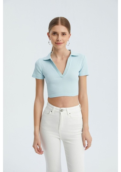 Hiccup V Yakalı Polo Crop Top Mavi