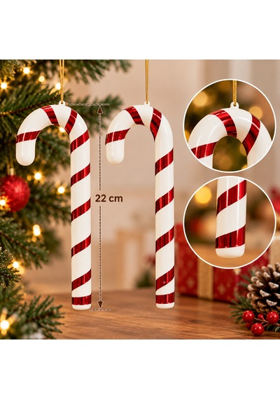 Yılbaşı Çam Ağacı Süsü Baston Şeker 22 Cm - Kırmızı Beyaz Şeker Kamışı Ağaç Süsü 2'li Paket - 9066769807534 Diğer
