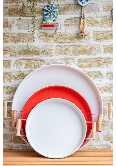 Kitchen Trend 3 Lü 45beyaz, 37kırmızı, 30beyaz Ahşap Kulplu Metal Tepsi Sunum Tepsi Seti