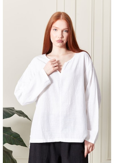 Keten Uzun Kollu V Yaka Sade Bluz Şıklığı Ve Rahatlığı Bir Arada Beyaz