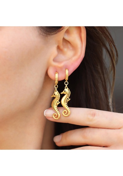 Deniz Atı Gold Gümüş Küpe Gümüş