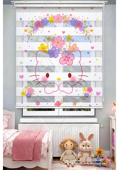 Çiçekli Sevimli Kedi Desenli Dijital Baskılı Çocuk Odası Perdesi - Dijital Baskılı Zebra Stor Perde Çok Renkli