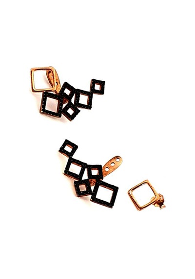 Siyah Oniks Taşlı Gümüş Rose Modern Earcuff Cift Küpe