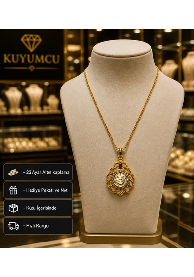 22 Ayar Altın Kaplama Osmanlı Tuğra Desenli Taş Detaylı Hediye Kolye Çok renkli
