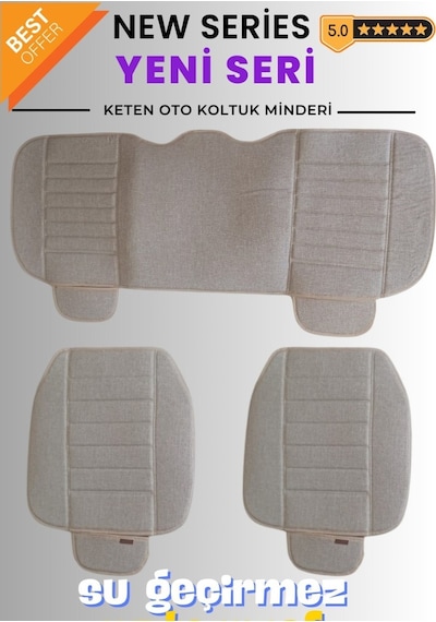 Keten Bej Su Geçirmez Ön Arka Araba Koltuk Minder Oto Koltuk Minderi 3'lü Oturak Örtüsü Cepli