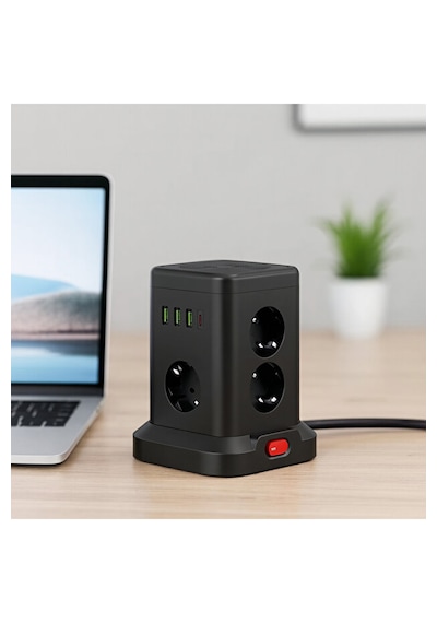 7 Li Kule Tipi Çoklu Priz 3 Usb-a + 1 Type-c Akım Korumalı Tek Tuş Kontrol Kompakt Masaüstü Tasarım 2 m