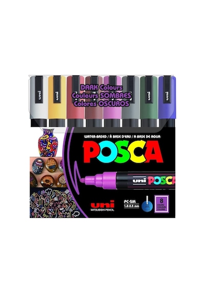 Uni Pc-5m/8c Dc Posca Su Bazlı Poster Markörü Koyu Renk 1.8-2.5mm 8li Set