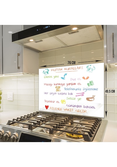 Decorita Renkli Mutfak Kuralları  Cam Ocak Arkası Beyaz 49,5x76cm