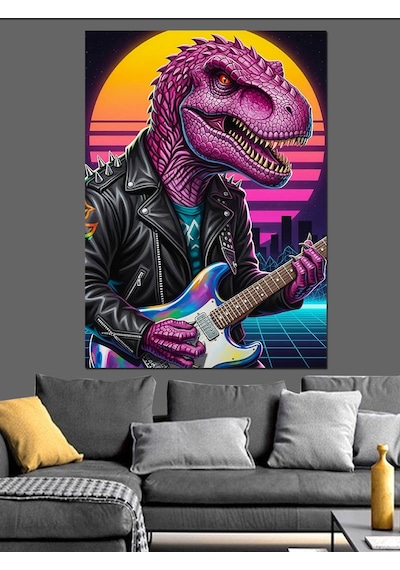 Ahşap Tablo Gitar Çalan Dinozor Rex