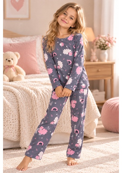 Free Beka Desenli Bisiklet Yaka Süet Kumaş Kız Çocuk Uzun Kollu Pijama Takımı Gri