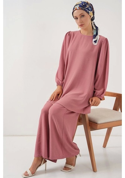 Defymoda Ayrobin Tunik Pantolon Alt Üst Takım 6712 - Pembe Pembe