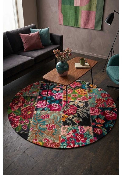 Patchwork Desen Dokuma Pamuk Taban Dijital Dekoratif Yuvarlak Halı Kırmızı
