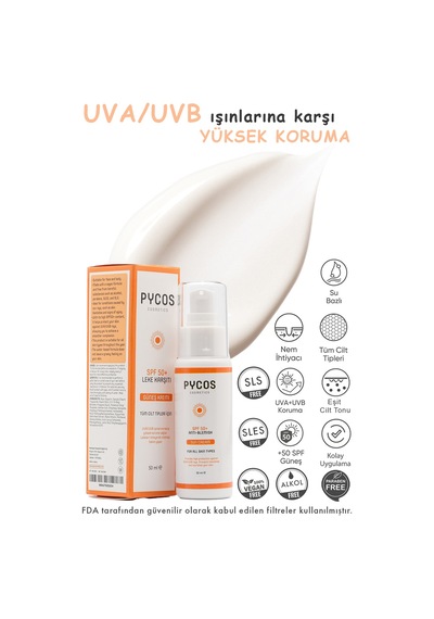 Pycos Cosmetıcs Spf 50 Leke Karşıtı Yüz Güneş Kremi 50ml, Tüm Cilt Tipleri Için