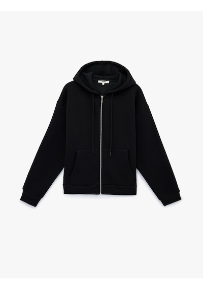 Koton Şardonlu Uzun Kollu Fermuarlı Kapüşonlu Oversize Sweatshirt Siyah 6sak10253nk