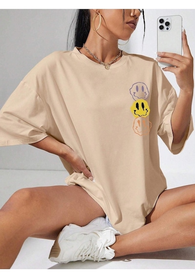 Emoji T-shirt - Bej Baskılı Oversize Bisiklet Yaka Kısa Kol Bej