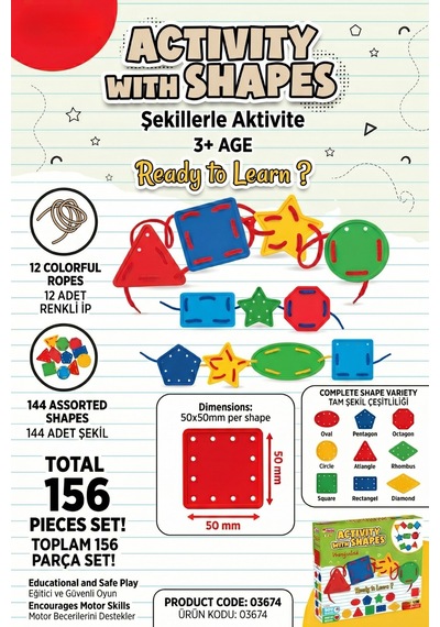 Eğitici Şekillerle Aktivite İpe Dizme Oyunu 156 Parça İnce Motor Becerisi Destekleyici