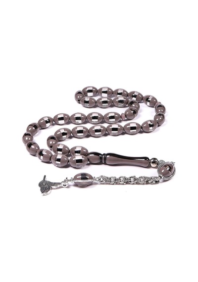 Gri Sürmeli Toz Kehribar Tesbih 12x8 Mm