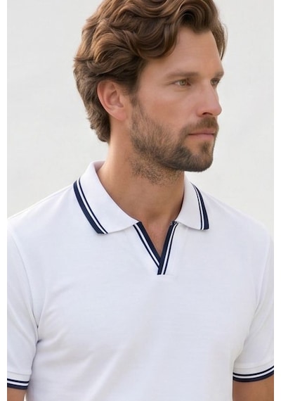 Tudors Erkek Slim Fit Dar Kesim %100 Pamuklu Çizgili Detaylı V Yaka Beyaz Polo Yaka Tişört-51593