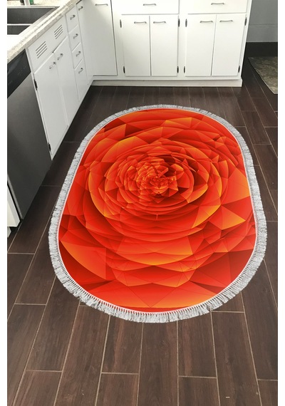 Kaymaz Dijital Mutfak & Salon Halı Trend Saçaklı Oval Geometrik E5011 Turuncu