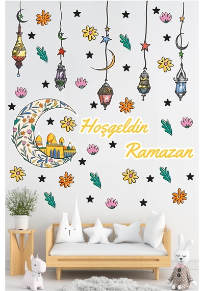 Hoşgeldin Ramazan Çocuk Odası Duvar Sticker Seti - Kandil, Ay Ve Yıldız Çıkartmaları Ramazan Sticker