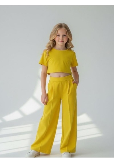 Zekids Kız Çocuk Bol Paça Rahat Kesim Pantolon-16900 Sarı