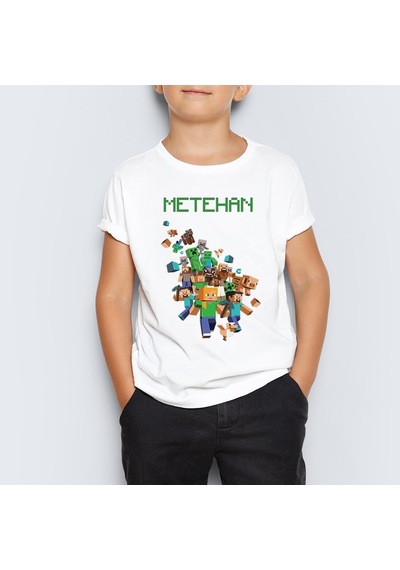 Isme Özel Minecraft Baskılı Unisex Çocuk Tişört T-Shirt Mr-02 Çok Renkli