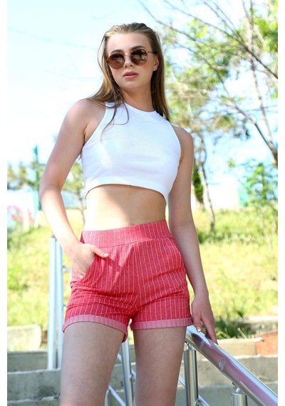İbrahim Burak Etiler Collectıon Moda Çizgi Şort Crop Kırmızı Takım 26550