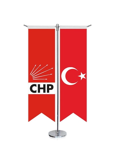 Cumhuriyet Halk Partisi Chp Bayrağı - Logo Ve Türkiye - Kırlangıç -saten T Direk 2li Masa Bayrağı 1