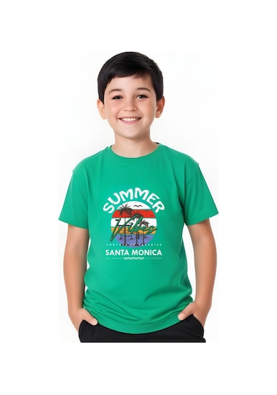 Panios Kids Summer Baskılı Erkek Çocuk Yuvarlak Yaka Kısa Kollu T-shirt Yeşil