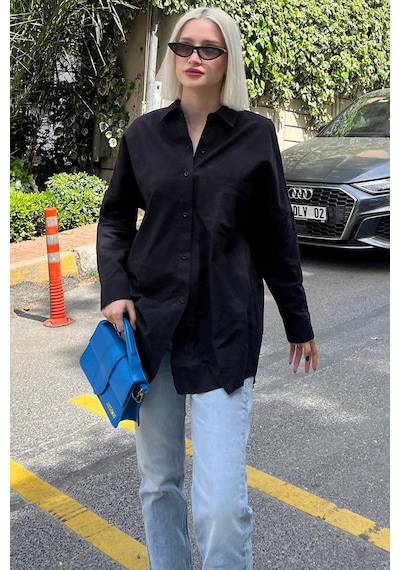 Madmext Siyah Oversize Basic Cepli Poplin Gömlek Mg1530 Siyah