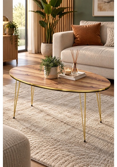 Sulorahome Orta Sehpa Elips Formunda Ceviz Desenli Gold Metal Ayaklı