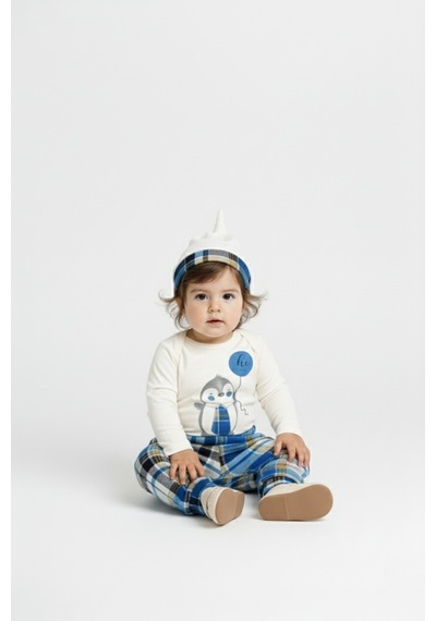 Mnk Baby & Kids Kravatlı Penguen Badi , Pantolon , Şapka Penye Takım Mnk0587 mavi