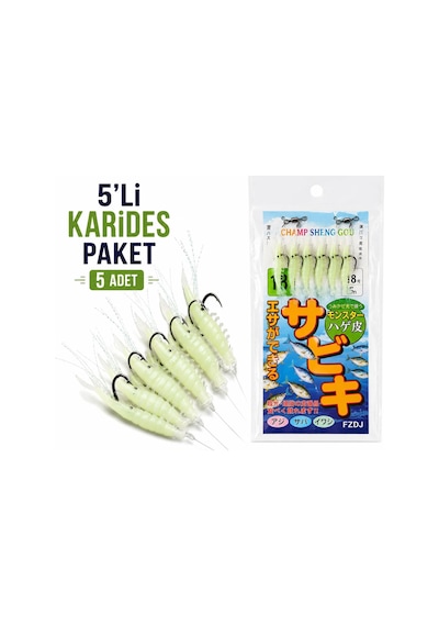 Valkyrie Fosforlu Silikon Karides Yem 5 Li İğne X 5 Paket Hazır İğneli Gece Parlayan Lrf Olta Yemi