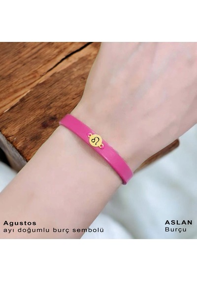 Archin Ağustos Ayı Doğumlarına Yuvarlak Motifli Pembe Derili 14 Ayar Altın Plakalı Hediye Bileklik-394ay Ağustos