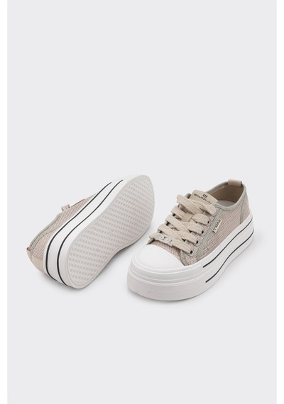 Derinet Bağcıklı Taş Aksesuarlı Kadın Sneaker Bej Bej